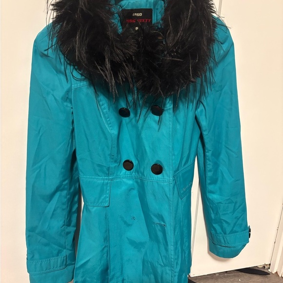 Miss Sixty Teal Utility Jacket with Black Fur Collar - Picture 1 of 12